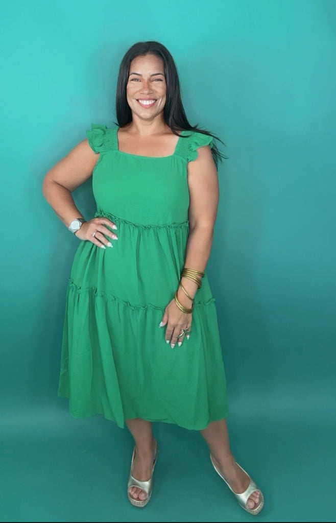 Lots To Love Kelly Green Smocked Flutter Sleeve Tiered Midi Dress